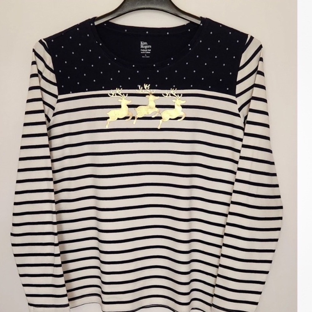 Kim Rogers Womens Striped Long Sleeve Crew Neck Reindeer Size S Read note! EUC